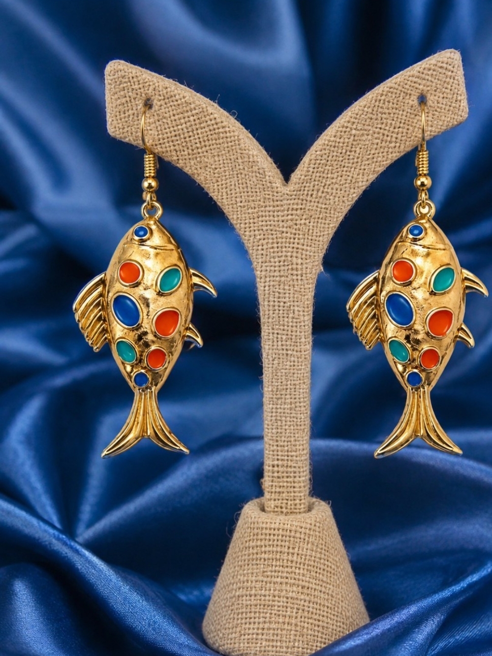Gold Fish Earrings with Red, Blue & Teal Accents - Unbranded